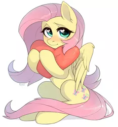 Size: 2680x2880 | Tagged: safe, artist:fensu-san, derpibooru import, fluttershy, pegasus, pony, blushing, cushion, cute, female, heart, heart eyes, heart pillow, looking at you, mare, shyabetes, simple background, sitting, solo, white background, wingding eyes, wings