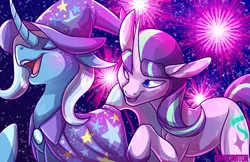 Size: 5100x3300 | Tagged: safe, artist:draikinator, artist:polyhexian, derpibooru import, starlight glimmer, trixie, pony, unicorn, blushing, cape, clothes, curved horn, eyes closed, female, fireworks, hat, image, lesbian, mare, night, open mouth, png, raised hoof, shipping, smiling, smug, startrix, trixie's cape, trixie's hat