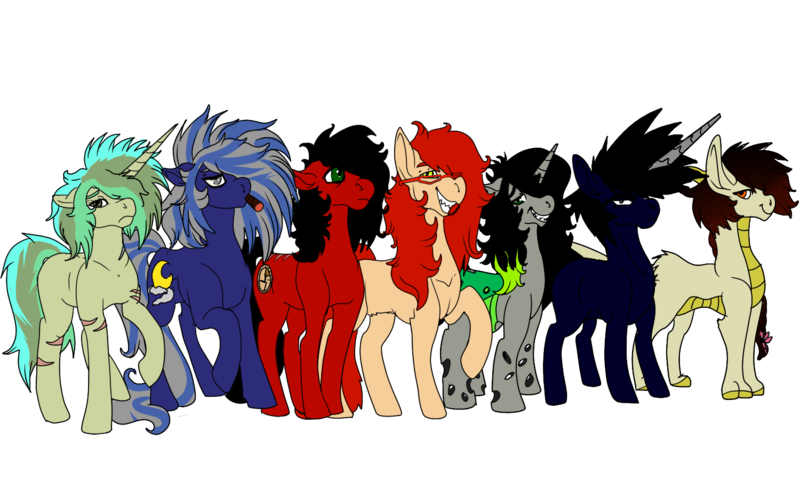 Size: 1500x900 | Tagged: safe, artist:brainiac, derpibooru import, oc, oc:brush stroke, oc:moonshine, oc:naveah, oc:piper, oc:scavenged compass, unofficial characters only, changeling, earth pony, kirin, pony, unicorn, 2018 community collab, derpibooru community collaboration, fallout equestria, black butler, changeling oc, female, glasses, grell sutcliff, half changeling, male, mare, pregnant, raider, raised hoof, red and black oc, scar, scavenger, simple background, stallion, transparent background, white changeling