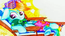 Size: 3771x2121 | Tagged: safe, artist:liaaqila, derpibooru import, rainbow dash, tank, tanks for the memories, beach, beach chair, clothes, cute, dashabetes, shutter shades, signature, smiling, swimsuit, underhoof, winter swimsuit