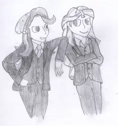 Size: 952x1019 | Tagged: safe, artist:jesterofdestiny, derpibooru import, starlight glimmer, sunset shimmer, equestria girls, beanie, clothes, crossed arms, dress shirt, hand on hip, hand on shoulder, hat, looking at each other, monochrome, necktie, suit, three piece suit, traditional art, vest, waistcoat