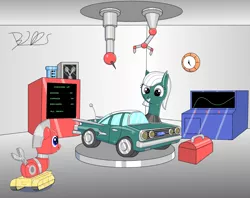 Size: 1750x1388 | Tagged: safe, artist:trackheadtherobopony, derpibooru import, oc, oc:trackhead, unofficial characters only, original species, pony, robot, robot pony, wheelpone, arc welder, clock, computer, duo, e-can, flux capacitor, repair bay, robotic arm, toolbox
