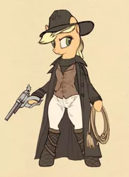 Size: 1141x1567 | Tagged: safe, artist:lunebat, derpibooru import, applejack, anthro, earth pony, semi-anthro, unguligrade anthro, bipedal, clothes, cosplay, costume, female, freckles, gun, handgun, hat, hoof hold, mare, pistol, revolver, rope, simple background, solo, van helsing, weapon