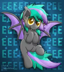 Size: 3500x3922 | Tagged: safe, artist:sol-r, derpibooru import, oc, unofficial characters only, bat pony, pony, :t, abstract background, bat pony oc, bat wings, belly button, cheek fluff, chest fluff, colored pupils, cute, cute little fangs, ear fluff, ear tufts, eeee, fangs, female, fluffy, flying, high res, looking at you, mare, multicolored hair, multicolored mane, multicolored tail, ocbetes, open mouth, smiling, solo, spread wings, text, wingding eyes, wings