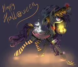 Size: 2320x2000 | Tagged: safe, artist:wacky-skiff, derpibooru import, oc, unofficial characters only, bat pony, pony, bat pony oc, clothes, goth, gothic, halloween, hat, holiday, jack-o-lantern, jewelry, mouth hold, necklace, pumpkin, socks, solo, striped socks, watch, witch hat