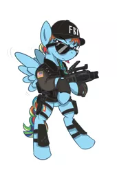 Size: 900x1326 | Tagged: safe, artist:buckweiser, derpibooru import, rainbow dash, pegasus, pony, bipedal, clothes, crossover, fbi, female, grenade launcher, gun, mare, rainbow six siege, solo, sunglasses, tom clancy, weapon