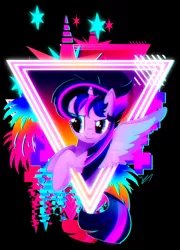 Size: 600x835 | Tagged: safe, artist:ii-art, derpibooru import, twilight sparkle, twilight sparkle (alicorn), alicorn, pony, alternate hairstyle, bust, color porn, eyestrain warning, female, mare, neon, portrait, solo, spread wings, synthwave, wings