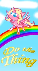 Size: 275x510 | Tagged: safe, artist:grievousfan, derpibooru import, oc, oc:happy daze, unofficial characters only, alicorn, pony, alicorn oc, cloud, cute, do the thing, female, flying, hoof shoes, mare, motivational poster, ocbetes, pink fluffy unicorns dancing on rainbows, rainbow, sky, smiling, solo, sparkles, spread wings, text, thing, wings