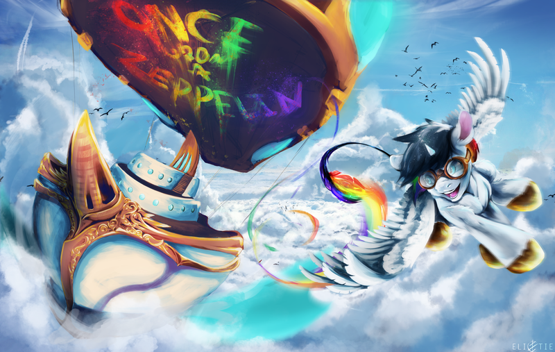 Size: 1024x649 | Tagged: airship, alicorn, alicorn oc, artist:elicitie, bird, cloud, commission, derpibooru import, goggles, looking back, oc, oc:lightning bliss, once upon a zeppelin, safe, smiling, solo, unofficial characters only, zeppelin