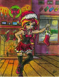 Size: 5100x6651 | Tagged: suggestive, artist:artponymdp, derpibooru import, sunset shimmer, equestria girls, absurd resolution, belt, breasts, choker, christmas, christmas stocking, christmas wreath, clothes, corset, female, fireplace, garters, hand on hip, hat, high heels, holiday, mary janes, moon, night, raised leg, santa hat, shoes, skirt, solo, solo female, stockings, thigh highs, traditional art, tree, wreath, zettai ryouiki