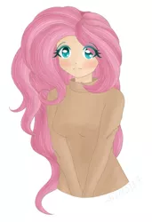 Size: 571x835 | Tagged: artist:pinkpearlmlp, clothes, derpibooru import, fluttershy, human, humanized, safe, simple background, solo, sweater, sweatershy, white background