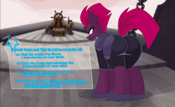 Size: 900x552 | Tagged: suggestive, artist:lil miss jay, derpibooru import, tempest shadow, pony, unicorn, my little pony: the movie, airship, angry, animated, ass, broken horn, dating sim, female, gif, looking at you, looking back, mare, rear view, ship wheel, solo, solo female, tempass, the ass was fat