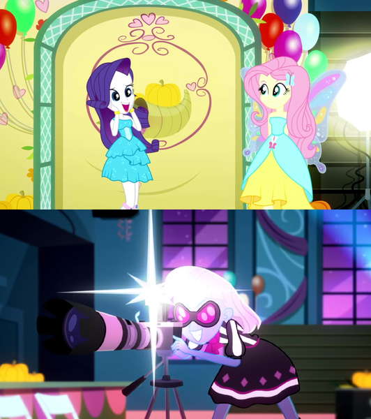 Size: 1276x1440 | Tagged: safe, derpibooru import, screencap, fluttershy, photo finish, rarity, a photo booth story, eqg summertime shorts, equestria girls, fall formal outfits