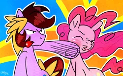 Size: 3548x2200 | Tagged: safe, artist:stec-corduroyroad, derpibooru import, pinkie pie, oc, oc:corduroy road, earth pony, pony, abuse, blood, female, male, mare, pinkiebuse, punch, stallion, tongue out