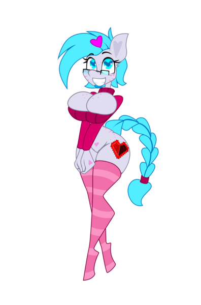 Size: 1000x1516 | Tagged: questionable, artist:lil miss jay, derpibooru import, oc, oc:dawny, unofficial characters only, anthro, zebra, bottomless, braided tail, breasts, chibbers, cleavage, clothes, cutie mark, female, freckles, glasses, heart eyes, heart freckles, heart mark, hips, lipstick, markings, open-chest sweater, partial nudity, simple background, socks, solo, solo female, striped socks, sweater, thigh highs, transparent background, wide hips, wingding eyes