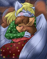 Size: 951x1200 | Tagged: safe, artist:kaemantis, deleted from derpibooru, derpibooru import, derpy hooves, oc, oc:trissie, anthro, pegasus, blushing, canon x oc, clothes, cuddling, cute, female, hearth's warming eve, hug, lesbian, mare, shipping, sweater, weapons-grade cute, winghug