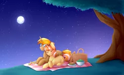 Size: 3442x2090 | Tagged: safe, artist:scarlet-spectrum, derpibooru import, oc, unofficial characters only, pony, unicorn, basket, bread, commission, dating, eyes closed, food, full moon, moon, night, picnic basket, picnic blanket, prone, sandwich, stars, tree