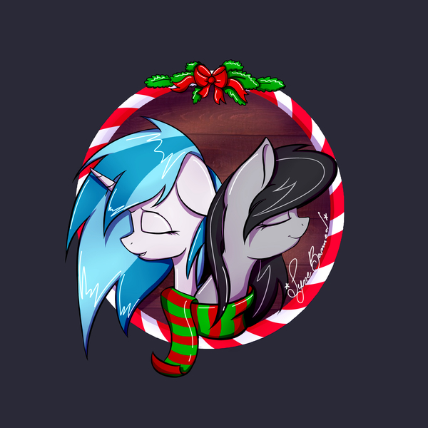 Size: 3000x3000 | Tagged: safe, artist:syncbanned, derpibooru import, octavia melody, vinyl scratch, bust, christmas, clothes, dark background, female, holiday, scarf, scratchtavia, shared clothing, shared scarf, shipping