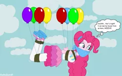 Size: 1131x707 | Tagged: safe, artist:robukun, derpibooru import, pinkie pie, equestria girls, equestria girls series, arm behind back, balloon, bondage, bound and gagged, cloth gag, floating, gag, rope, squirming, suspended, then watch her balloons lift her up to the sky, thought bubble, tied up