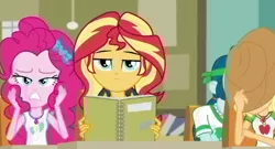 Size: 552x298 | Tagged: safe, derpibooru import, screencap, applejack, pinkie pie, sunset shimmer, equestria girls, equestria girls series, the finals countdown, classroom, solo, sunset shimmer is not amused, unamused