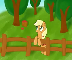 Size: 853x712 | Tagged: safe, artist:sanzols, derpibooru import, applejack, earth pony, pony, apple tree, bipedal, bipedal leaning, female, fence, leaning, mare, missing accessory, signature, solo, tree