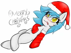 Size: 1334x1005 | Tagged: safe, artist:sanzols, derpibooru import, oc, unofficial characters only, earth pony, pony, blushing, candy, candy cane, christmas, clothes, colored pupils, female, food, hat, holiday, looking at you, mare, on back, santa hat, signature, simple background, socks, solo, white background
