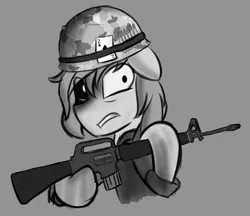 Size: 1056x912 | Tagged: safe, artist:sanzols, derpibooru import, oc, unofficial characters only, earth pony, pony, assault rifle, floppy ears, glare, gray background, grayscale, gun, helmet, hoof hold, male, monochrome, playing card, rifle, signature, simple background, soldier, solo, stallion, vietnam, weapon
