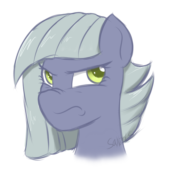 Size: 1004x1026 | Tagged: safe, artist:sanzols, derpibooru import, limestone pie, earth pony, pony, bust, colored pupils, female, frown, glare, looking back, mare, portrait, signature, simple background, solo, white background