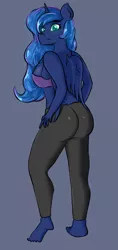 Size: 603x1281 | Tagged: anthro, artist:sanzols, ass, bra, breasts, clothes, colored pupils, derpibooru import, female, frown, gray background, looking at you, looking back, looking back at you, mare, pants, plantigrade anthro, princess luna, rear view, signature, simple background, solo, suggestive, underwear, yoga pants