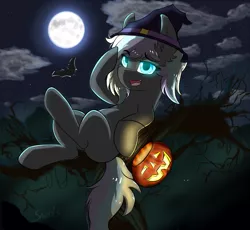 Size: 1556x1433 | Tagged: safe, artist:sanzols, derpibooru import, oc, oc:ice trio, unofficial characters only, bat, earth pony, pony, colored pupils, ear fluff, female, glowing eyes, halloween, hat, holiday, jack-o-lantern, mare, moon, night, on back, open mouth, pumpkin, pumpkin bucket, signature, solo, witch hat