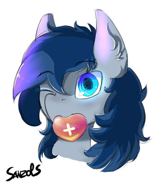 Size: 1029x1158 | Tagged: safe, artist:sanzols, derpibooru import, oc, unofficial characters only, pegasus, pony, bust, colored pupils, ear fluff, heart, male, mouth hold, one eye closed, portrait, signature, simple background, solo, stallion, white background, wink