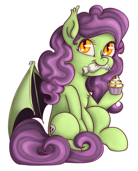 Size: 2570x3189 | Tagged: safe, artist:xchan, derpibooru import, oc, oc:spooky treats, unofficial characters only, bat pony, pony, spider, 2018 community collab, derpibooru community collaboration, baking, chest fluff, cupcake, cute, ear fluff, fangs, female, food, looking at you, mare, mouth hold, ocbetes, simple background, sitting, smiling, solo, transparent background
