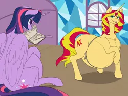 Size: 1280x960 | Tagged: suggestive, artist:m-p-l, derpibooru import, sunset shimmer, twilight sparkle, twilight sparkle (alicorn), alicorn, unicorn, book, chest fluff, female, huge belly, mare, measuring tape, preglight sparkle, pregnant, quill pen, raised hoof, sunset preggers, tongue out, triplets, twins