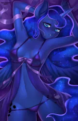 Size: 660x1020 | Tagged: alicorn, anthro, armpits, artist:tawni-tailwind, babydoll, belly button, both cutie marks, breasts, clothes, colored pupils, derpibooru import, female, looking at you, mare, nightgown, on back, panties, princess luna, reasonably shaped breasts, reasonably sized breasts, see-through, solo, solo female, suggestive, underwear