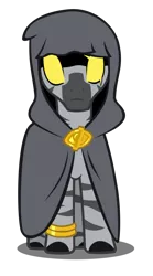 Size: 567x1020 | Tagged: 2018 community collab, artist:wingbeatpony, cloak, clothes, derpibooru, derpibooru community collaboration, derpibooru import, derpibooru ponified, glowing eyes, jewelry, male, meta, oc, oc:hide, ponified, safe, simple background, solo, species swap, svg, .svg available, transparent background, unofficial characters only, vector, zebra, zebrafied