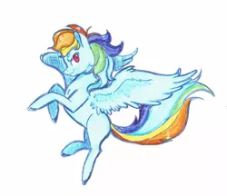 Size: 1597x1383 | Tagged: safe, artist:ximsketchs, derpibooru import, rainbow dash, pegasus, pony, female, flying, looking at you, mare, missing cutie mark, simple background, solo, white background