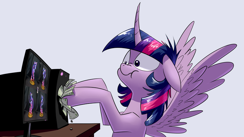 Size: 1920x1080 | Tagged: suggestive, artist:shuxer59, artist:underpable, derpibooru import, edit, twilight sparkle, twilight sparkle (alicorn), alicorn, pony, derpin daily, :t, alternate hairstyle, clothes, computer, curved horn, derp, dock, donut, featureless crotch, female, floppy ears, food, habit, long horn, looking back, mare, messy mane, money, mouth hold, nose wrinkle, plot, ponytail, scrunchy face, sculpture, shut up and take my money, silly, silly pony, simple background, socks, solo, solo female, spread wings, striped socks, style emulation, traditional art, twibutt, twilight snapple, wide eyes, wingboner, wings