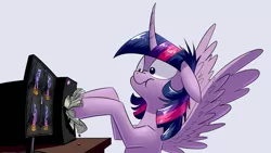 Size: 1920x1080 | Tagged: suggestive, artist:shuxer59, artist:underpable, derpibooru import, edit, twilight sparkle, twilight sparkle (alicorn), alicorn, pony, derpin daily, :t, alternate hairstyle, clothes, computer, curved horn, derp, dock, donut, featureless crotch, female, floppy ears, food, habit, long horn, looking back, mare, messy mane, money, mouth hold, nose wrinkle, plot, ponytail, scrunchy face, sculpture, shut up and take my money, silly, silly pony, simple background, socks, solo, solo female, spread wings, striped socks, style emulation, traditional art, twibutt, twilight snapple, wide eyes, wingboner, wings