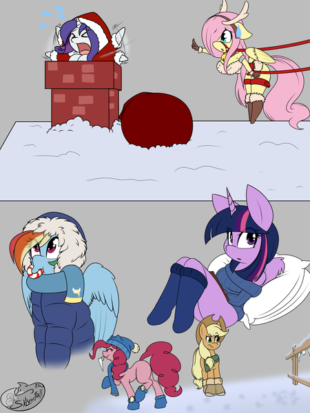 Size: 1500x2000 | Tagged: suggestive, artist:silverfox057, derpibooru import, applejack, fluttershy, pinkie pie, rainbow dash, rarity, twilight sparkle, twilight sparkle (alicorn), alicorn, anthro, earth pony, pegasus, pony, a christmas story, adorasexy, anthro with ponies, antlers, breasts, busty fluttershy, busty rarity, candy, candy cane, chimney, christmas, clothes, cowboy hat, cute, female, food, hat, holiday, mane six, mare, reindeer antlers, sack, santa hat, santa sack, scarf, sexy, socks, stetson, stuck