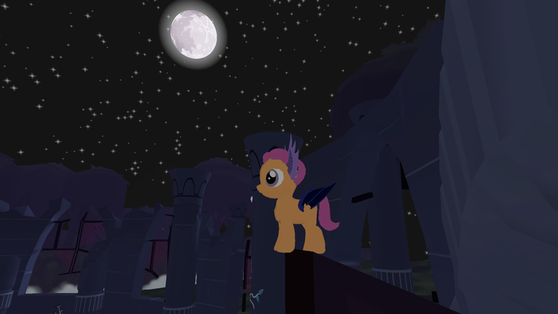Size: 1920x1080 | Tagged: safe, derpibooru import, scootaloo, bat pony, 3d, batpony costume, castle of the royal pony sisters, clothes, costume, epic, everfree forest, evershade forest, female, filly, foal, fog, legends of equestria, moon, night, nightmare night, nightmare night costume, nightmarenightloe2017, night sky, pillar, ruins, sky, stars, video game