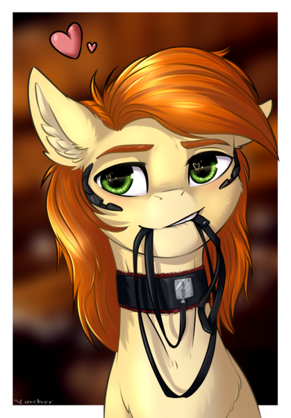 Size: 1782x2550 | Tagged: safe, artist:vincher, derpibooru import, oc, oc:rave muller, unofficial characters only, pegasus, pony, collar, floating heart, heart, heart eyes, leash, male, mouth hold, pet play, solo, wingding eyes