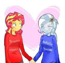 Size: 2609x2543 | Tagged: safe, artist:noahther, derpibooru import, sunset shimmer, trixie, equestria girls, clothes, female, heart, holding hands, lesbian, shipping, simple background, smiling, suntrix