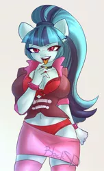 Size: 776x1280 | Tagged: suggestive, artist:blacksd, derpibooru import, sonata dusk, anthro, belly button, bra, breasts, busty sonata dusk, choker, cleavage, clothes, ear piercing, female, gem, long hair, open mouth, panties, piercing, red underwear, sexy, signature, simple background, siren gem, solo, solo female, stupid sexy sonata dusk, sultry pose, tongue out, underwear, undressing, white background