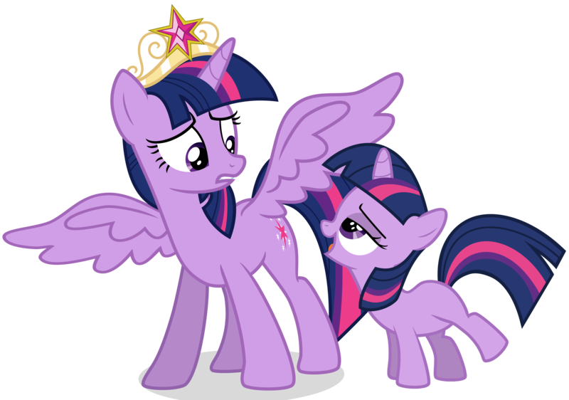 Size: 7991x5615 | Tagged: safe, artist:drewdini, derpibooru import, edit, editor:slayerbvc, twilight sparkle, twilight sparkle (alicorn), alicorn, unicorn, absurd resolution, big crown thingy, blank flank, element of magic, female, filly, filly twilight sparkle, jewelry, lesbian, lidded eyes, regalia, self ponidox, selfcest, shipping, simple background, time paradox, transparent background, twitwi, twolight, unicorn twilight, younger