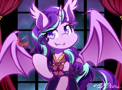 Size: 500x369 | Tagged: safe, artist:dshou, derpibooru import, starlight glimmer, alicorn, bat pony, bat pony alicorn, pony, alicornified, bat ponified, bat wings, beverage, fangs, female, glass, mare, race swap, solo, species swap, starlicorn, window, xk-class end-of-the-world scenario