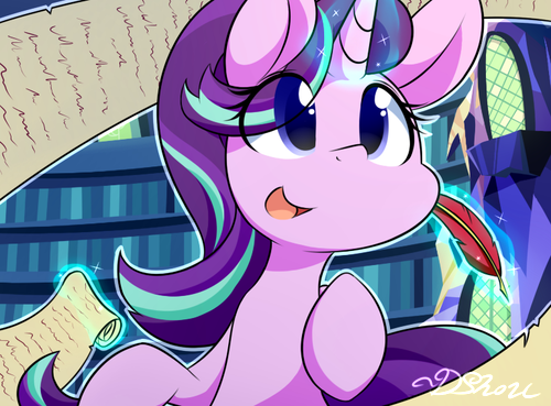 Size: 500x369 | Tagged: safe, artist:dshou, derpibooru import, starlight glimmer, pony, unicorn, cute, eye clipping through hair, female, glimmerbetes, levitation, library, magic, mare, open mouth, quill, scroll, smiling, solo, telekinesis, twilight's castle