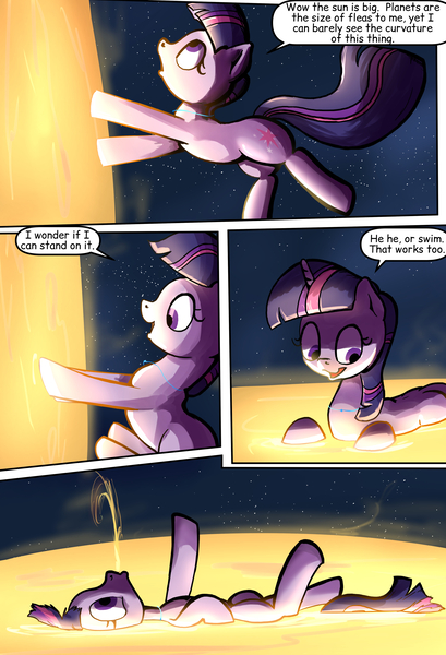 Size: 1920x2816 | Tagged: safe, artist:shieltar, derpibooru import, part of a set, twilight sparkle, pony, unicorn, comic:giant twilight, comic, cute, dialogue, female, giant pony, giantess, macro, mare, megalight sparkle, part of a series, pony bigger than a planet, solo, space, sun, twiabetes, unicorn twilight