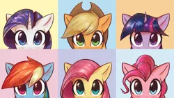 Size: 2976x1674 | Tagged: safe, anonymous editor, artist:mirroredsea, derpibooru import, edit, applejack, fluttershy, pinkie pie, rainbow dash, rarity, twilight sparkle, earth pony, pegasus, pony, unicorn, blue background, blushing, bust, cowboy hat, cute, female, hat, looking at you, mane six, mare, multicolored hair, peeking, simple background, stetson, wallpaper, yellow background