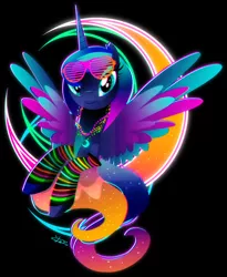 Size: 1024x1248 | Tagged: safe, artist:ii-art, derpibooru import, princess luna, alicorn, pony, black background, bust, color porn, design, eyestrain warning, female, mare, neon, shirt design, simple background, smiling, solo, spread wings, sunglasses, synthwave, watermark, wings