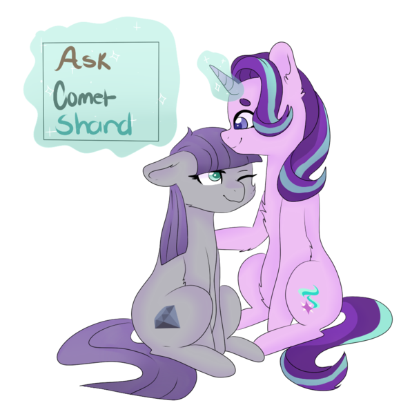 Size: 969x1001 | Tagged: safe, artist:ask-cometshard, derpibooru import, maud pie, starlight glimmer, earth pony, pony, unicorn, blushing, duo, eyebrows, female, glowing horn, lesbian, shipping, smiling, starmaud, wrong cutie mark